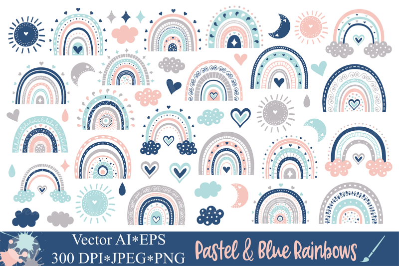 Pastel and Blue Rainbows Clipart / Cute rainbow graphics By VR Digital ...