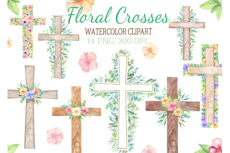 Watercolor Easter Cross Clipart Floral crosses digital card flowers By ...