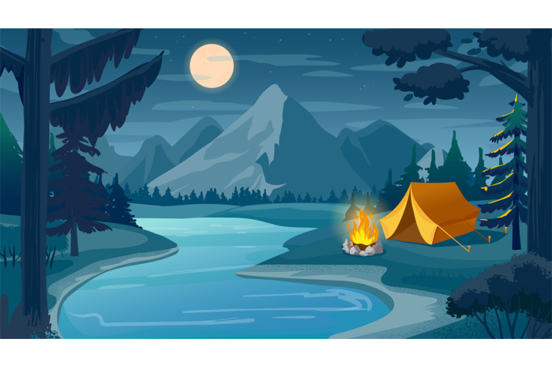 Mountain night camping. Cartoon forest landscape with lake, tent and c By  Tartila | TheHungryJPEG