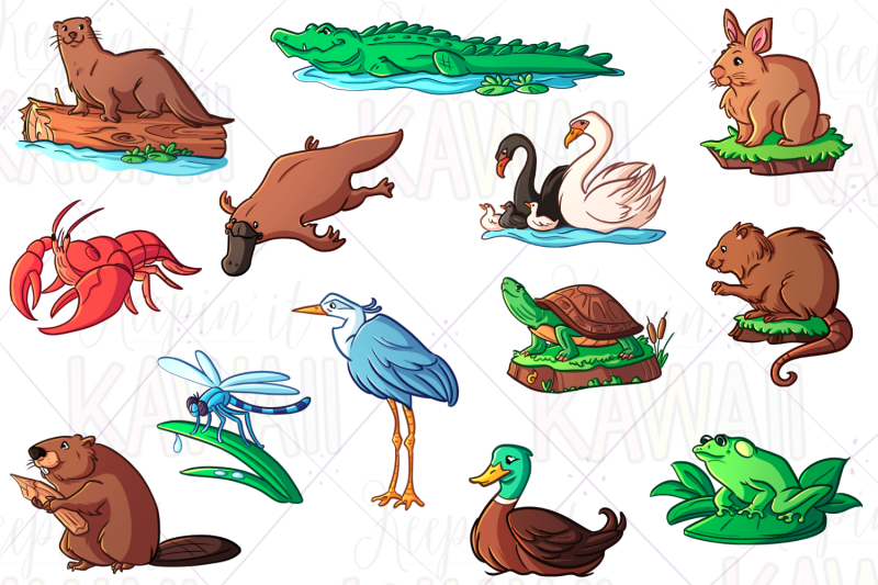 Wetland Animals Clip Art By Keepin' It Kawaii | TheHungryJPEG