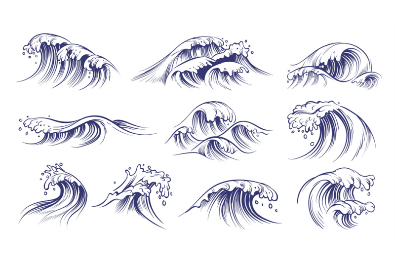 Image Details IST_22063_00963 - Water waves and ocean or sea wave splashes  sketch line icons. Vector isolated set of tide wave with foam or splashing  froth drops. Waves and ocean or sea