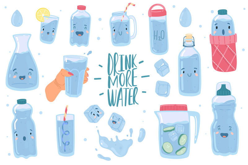 Drink more water. Cute drinking eco bottles characters, funny