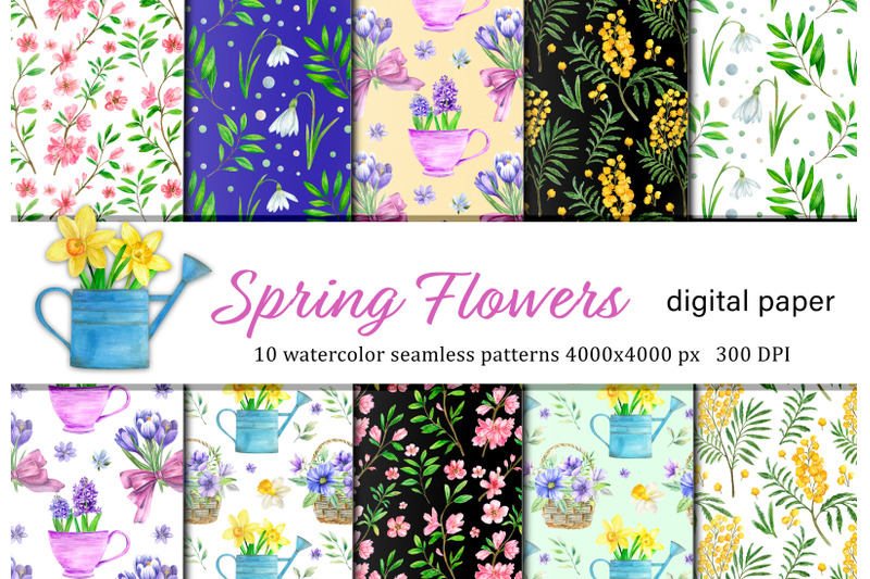 Watercolor Spring Flowers Seamless Patterns. Hand Drawn Easter By 