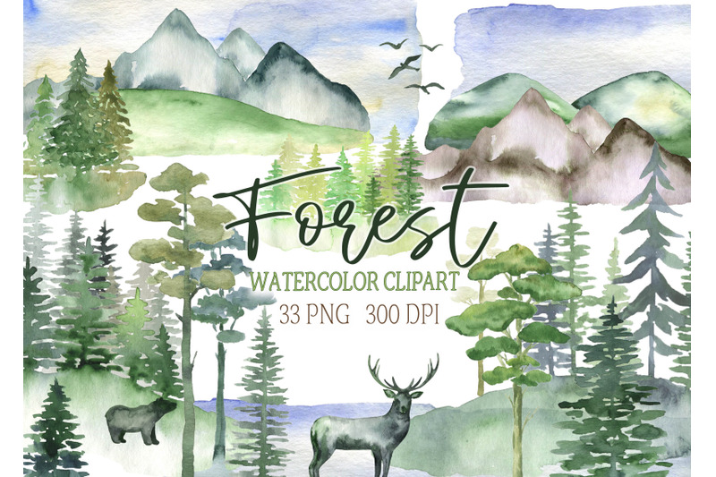 Watercolor forest clipart landscape clip art tree mountains hills natu ...