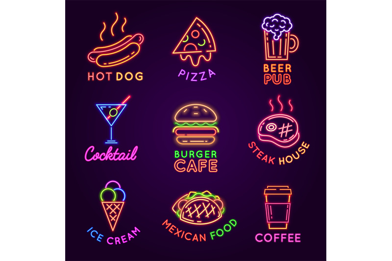 Cafe neon signs. Food and drink glowing light billboards. Burger and p ...