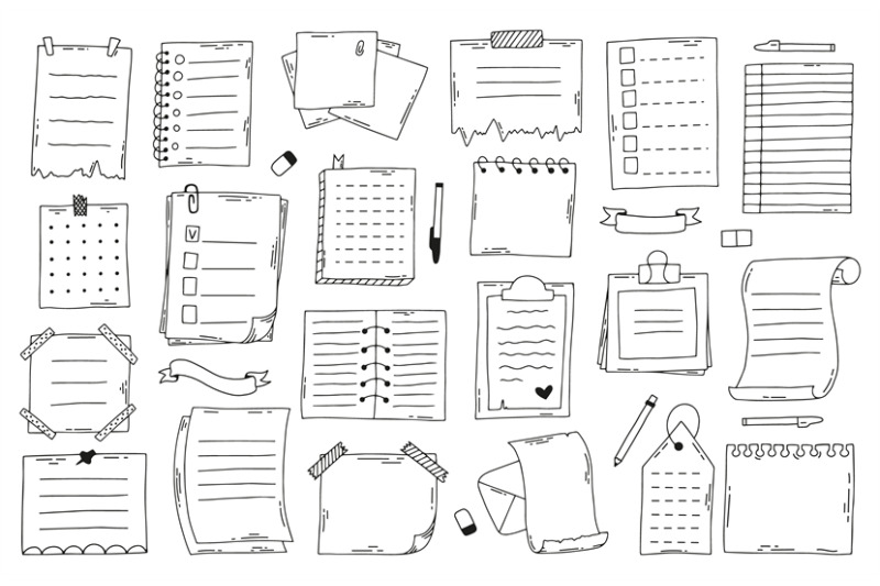 Hand drawn doodle paper notes. Sketch notebook, list, planner and
