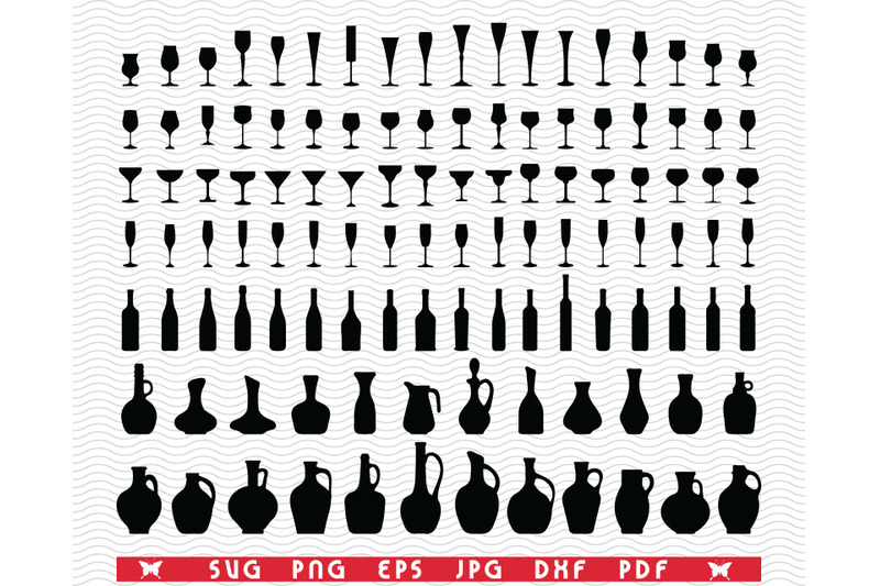 SVG Wine glasses, Bottles, Pitchers, Bowls, Black silhouette, Digital ...