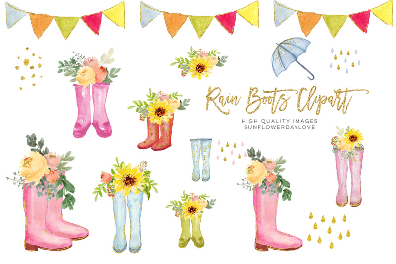 Spring Rain Boot with Flowers clipart, Sunflowers Boots Watercolor By ...