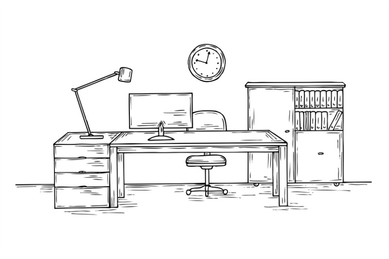 Hand drawn office. Sketch desk with chair computer and lamp. Home offi ...