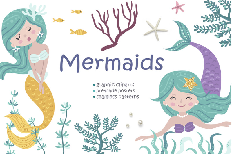 Mermaid Clipart & Pattern By Nafanya | TheHungryJPEG