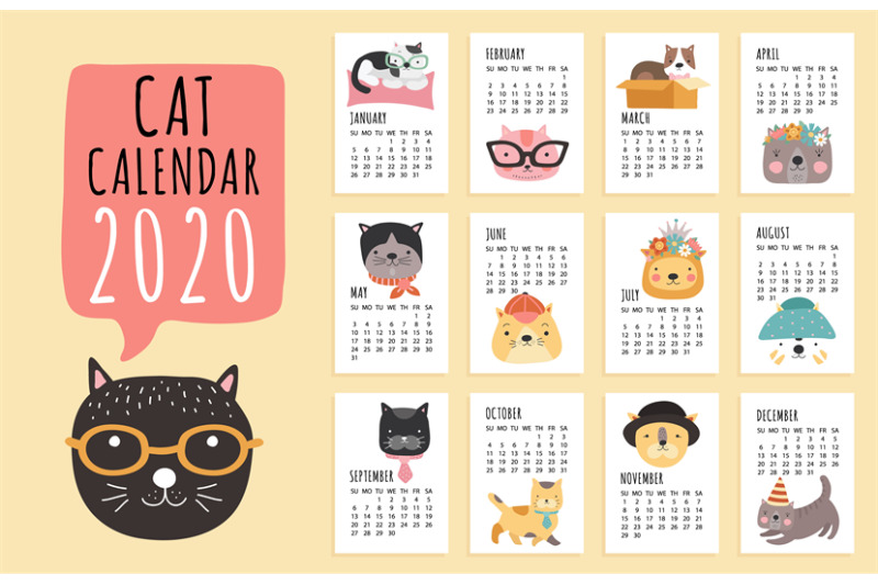 Cat calendar. 2020 monthly planner with cute cartoon cats. Funny kitte ...