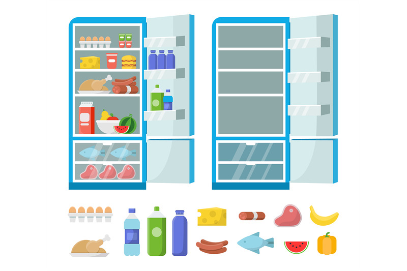 Flat fridge vector. Full and empty refrigerator in the kitchen. Freeze By  ONYX | TheHungryJPEG
