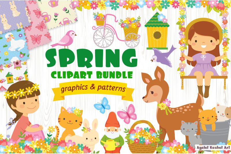 Spring clipart bundle - cute graphics and patterns By Ayelet Keshet Art ...