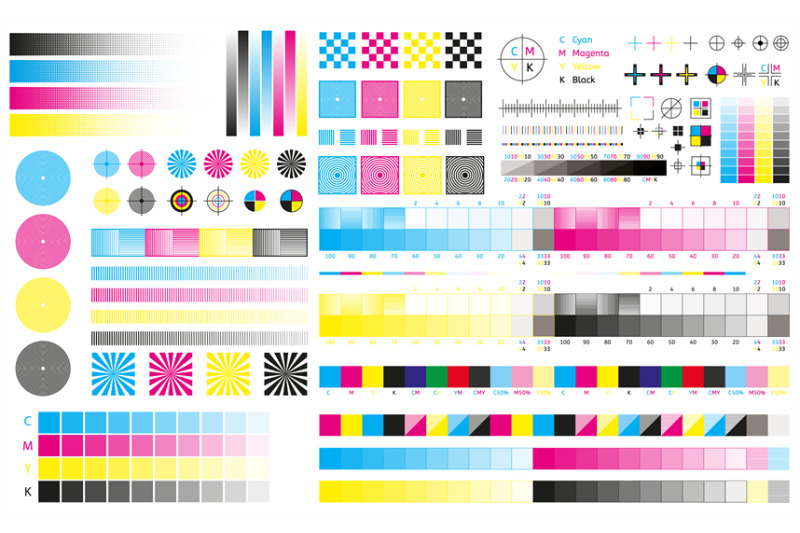 Printing cmyk marks. Offset print calibration marks, gradient color to ...