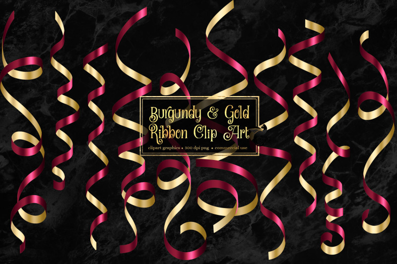 Burgundy and Gold Ribbon Clipart By Digital Curio