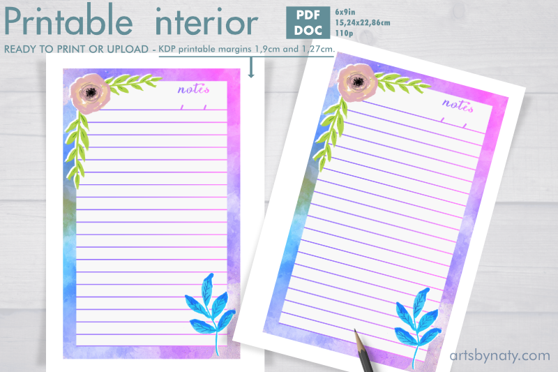 Watercolor beautiful notes printable journal to print or upload to KDP