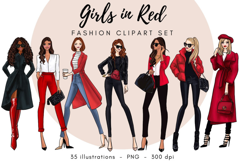 Girls in Red 2 Fashion Clipart set By Parinaz Wadia Design | TheHungryJPEG