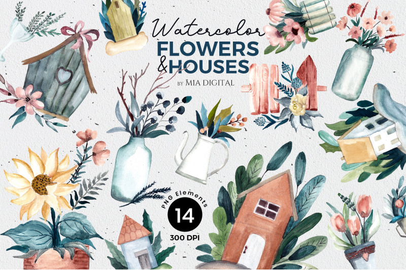 14 Watercolor Flower and House Cliparts - Plant Garden Hand-Painted By ...