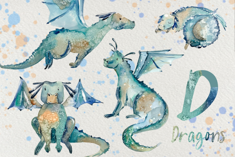 Cute Dragons - Watercolor Clip Art set By TatiBordiu Watercolor ...