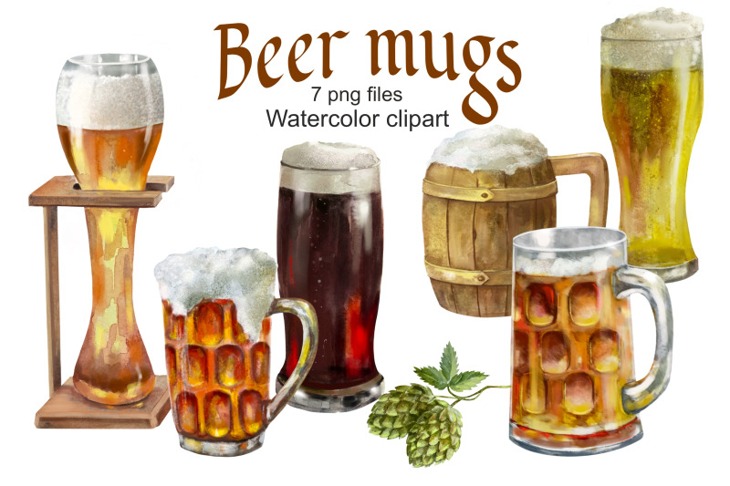 Beer Mugs and Glass watercolor clipart printable,Drink . By Marine ...