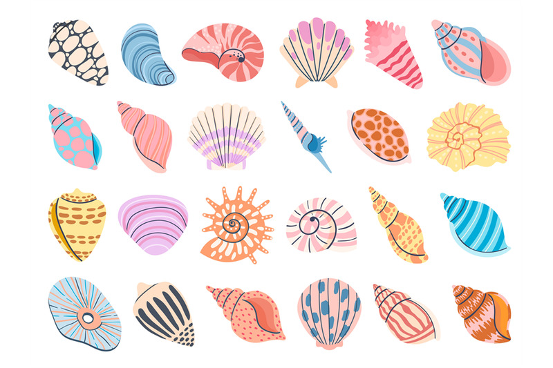 Tropical seashell. Cartoon clam, oyster and scallop shells. Colorful u By  Tartila | TheHungryJPEG