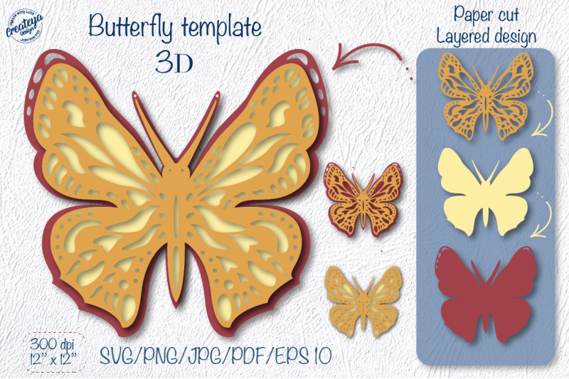 Butterfly SVG layered 3D template for Cricut project By Createya Design ...