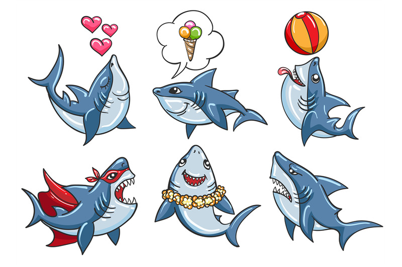 Cartoon shark set By vectortatu | TheHungryJPEG