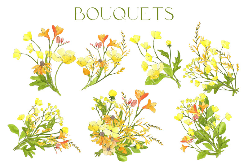 Set of watercolor yellow flowers clipart png By Julia Bogdan