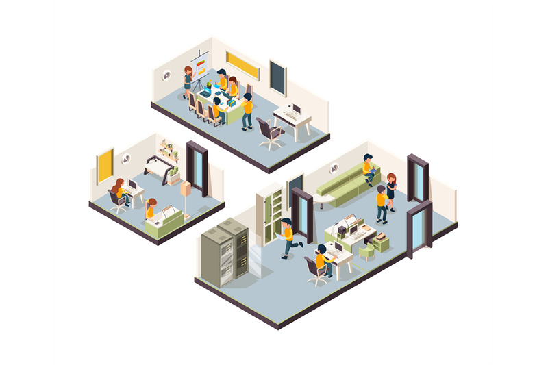 Coworking isometric. Corporate office interior open space creativity m ...