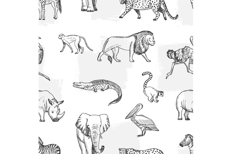 Sketch animal pattern. African, asian fauna background. Elephant and m By  ONYX | TheHungryJPEG