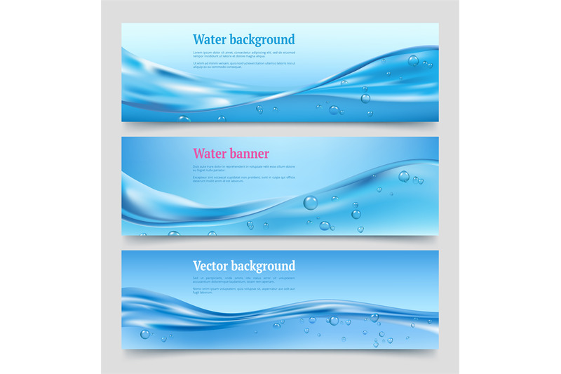 Water splashes banners. Liquid flowing waters with bubbles water purif ...