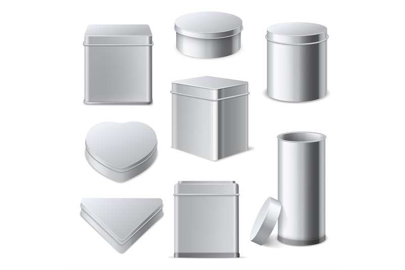Tin boxes. Realistic 3d square, cylinder and round metallic containers By  YummyBuum