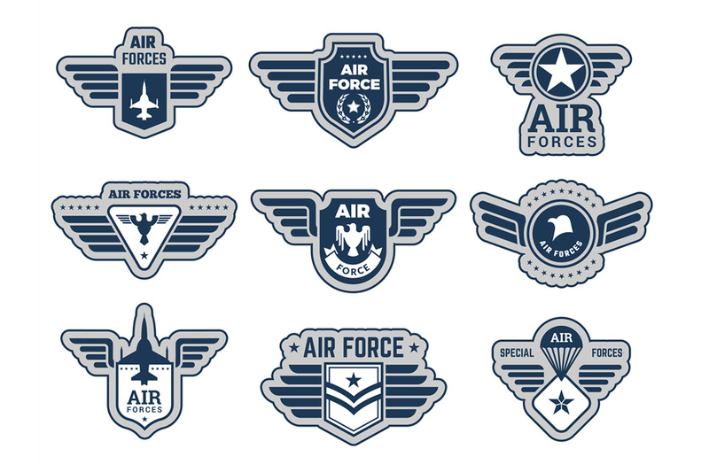 Air force labels. Vintage army badges military symbols eagle wings and ...