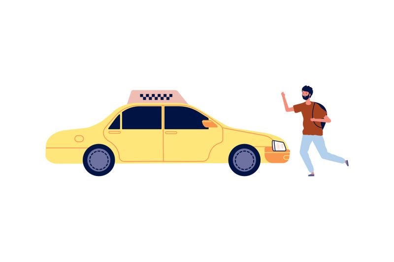 Tourist catches taxi. Cartoon yellow car and man with backpack. Isolat By  ONYX | TheHungryJPEG