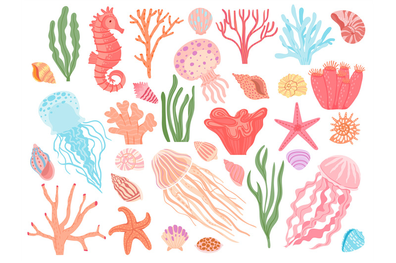 Ocean elements. Cartoon seaweeds, corals, seashells and reef animals ...