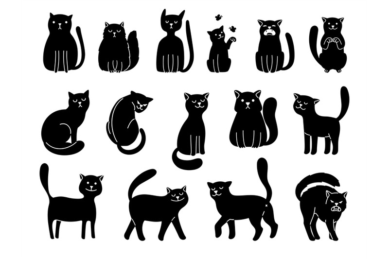 Cats silhouettes on white. Elegant cat icons, funny cartoon