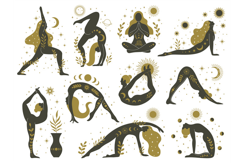 Magical yoga women. Mystical esoteric female silhouettes, minimalist m ...