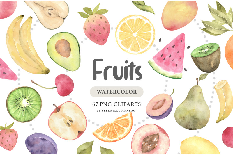 Watercolor fruit set. PNG colorful cliparts. By yello_illustration ...