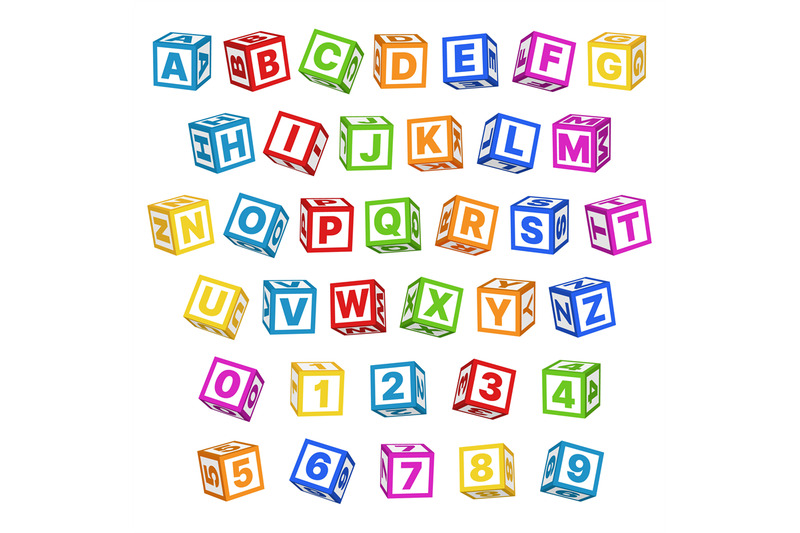 Letter blocks font. 3d children toys english alphabet, baby cubes diff By  YummyBuum