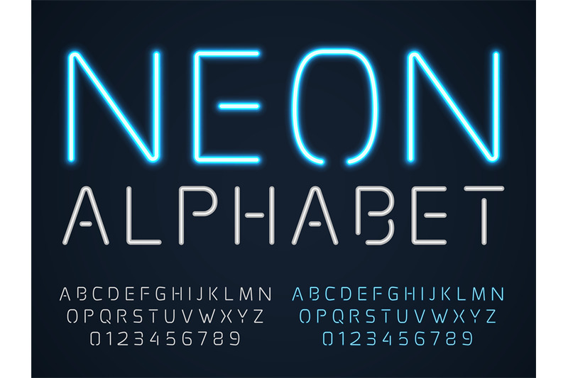 Neon font. Latin fluorescent tubes latin alphabet, glowing blue light ...