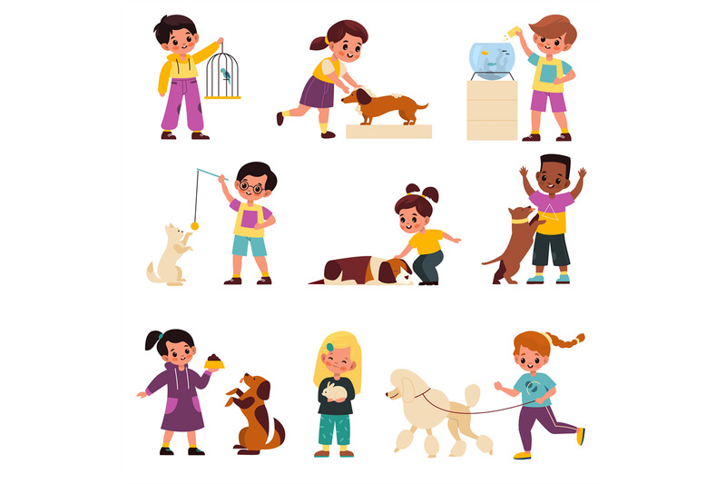 Kids with pets. Children with domestic animals, pet and little owner ...