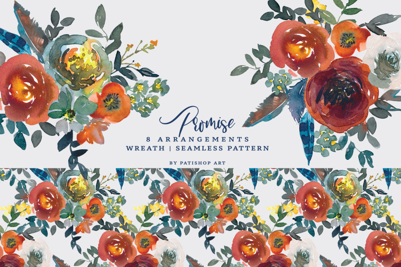 Watercolor Blue & Rusty Floral Clipart Set By Patishop Art | TheHungryJPEG