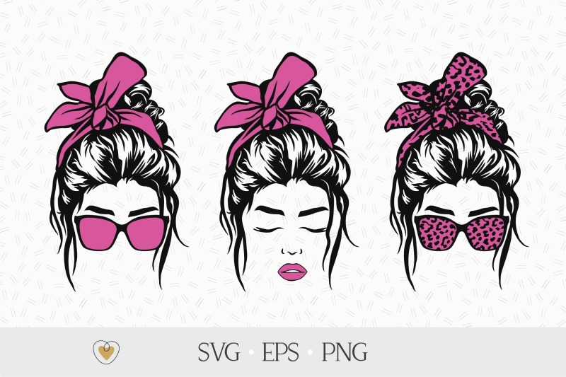 Messy bun svg, Girl with leopard bandana and glasses png By Pretty