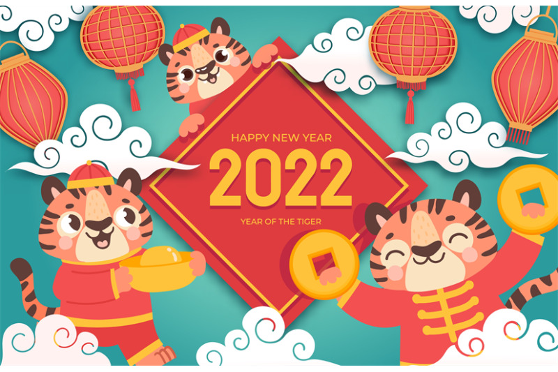 Chinese new year 2022. Winter holiday banner with cartoon tigers 