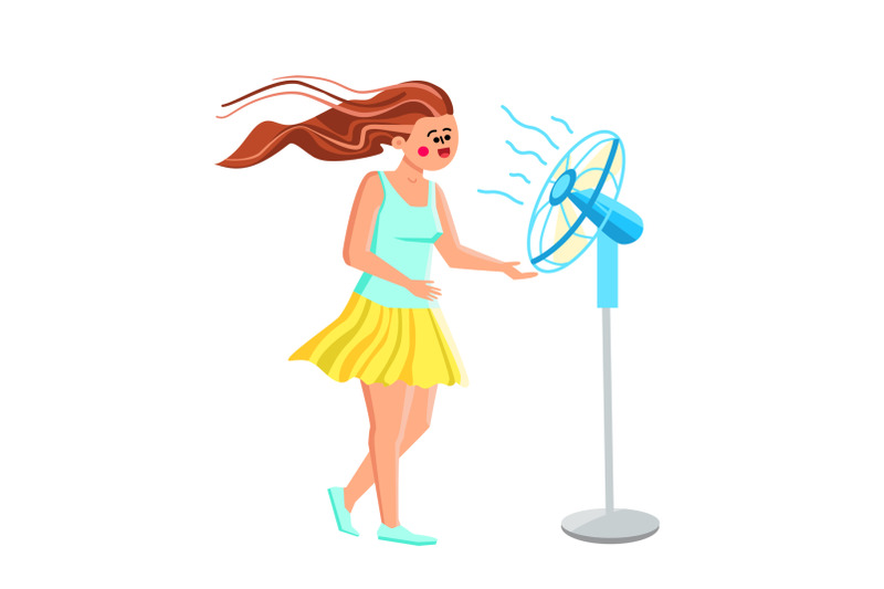 Fan Air Device Cool Enjoying Young Woman Vector By sevector | TheHungryJPEG