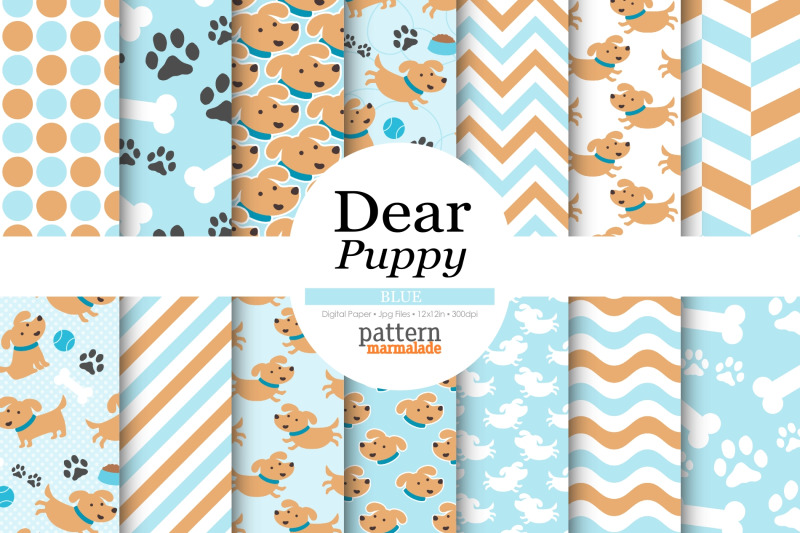 Puppy Pattern In Blue Digital Paper - PMR1203 By Pattern Marmalade ...