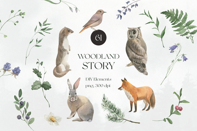 Woodland Story Watercolor Elements By Bolshoymaart 