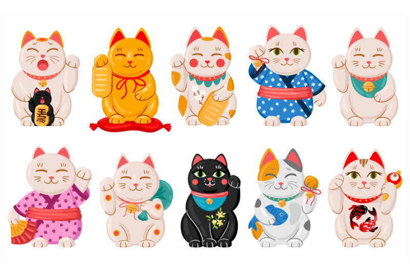 Japanese maneki neko cats. Cartoon lucky japan traditional cat toys, k By  WinWin_artlab | TheHungryJPEG