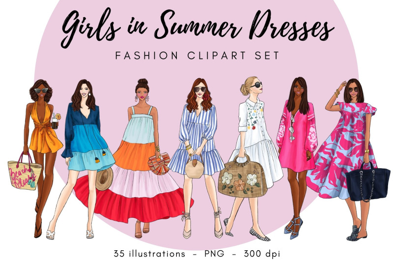 Girls in Summer Dresses clipart set By Parinaz Wadia Design | TheHungryJPEG