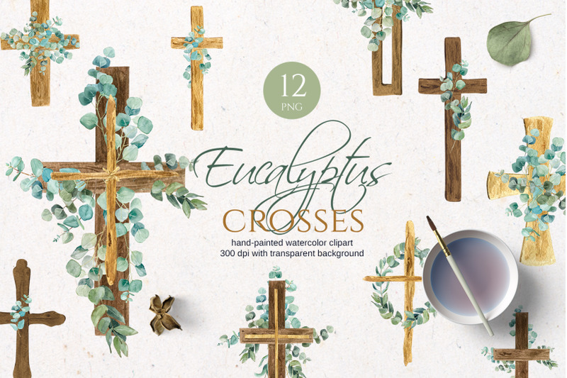 Eucalyptus wooden watercolor cross By Elena Dorosh | TheHungryJPEG